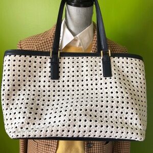 Tory Burch 'Robinson Basket Weave' Blue White Vinyl Leather Trim Tote